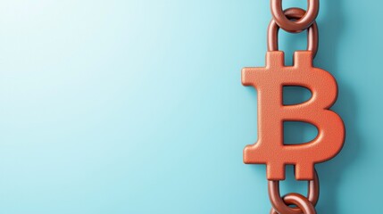 Orange Bitcoin Symbol Attached to Chain Links on Soft Blue Background