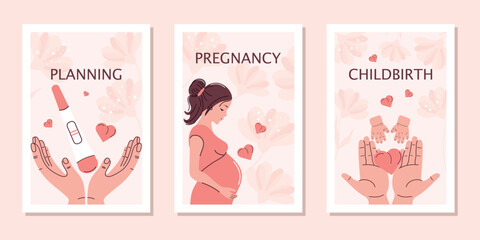 A set of illustrations dedicated to pregnancy and planning, childbirth and motherhood. Vector illustration.