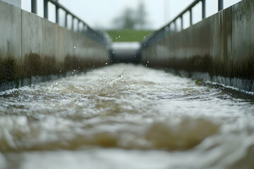 Water cascading over dam with power plant in background