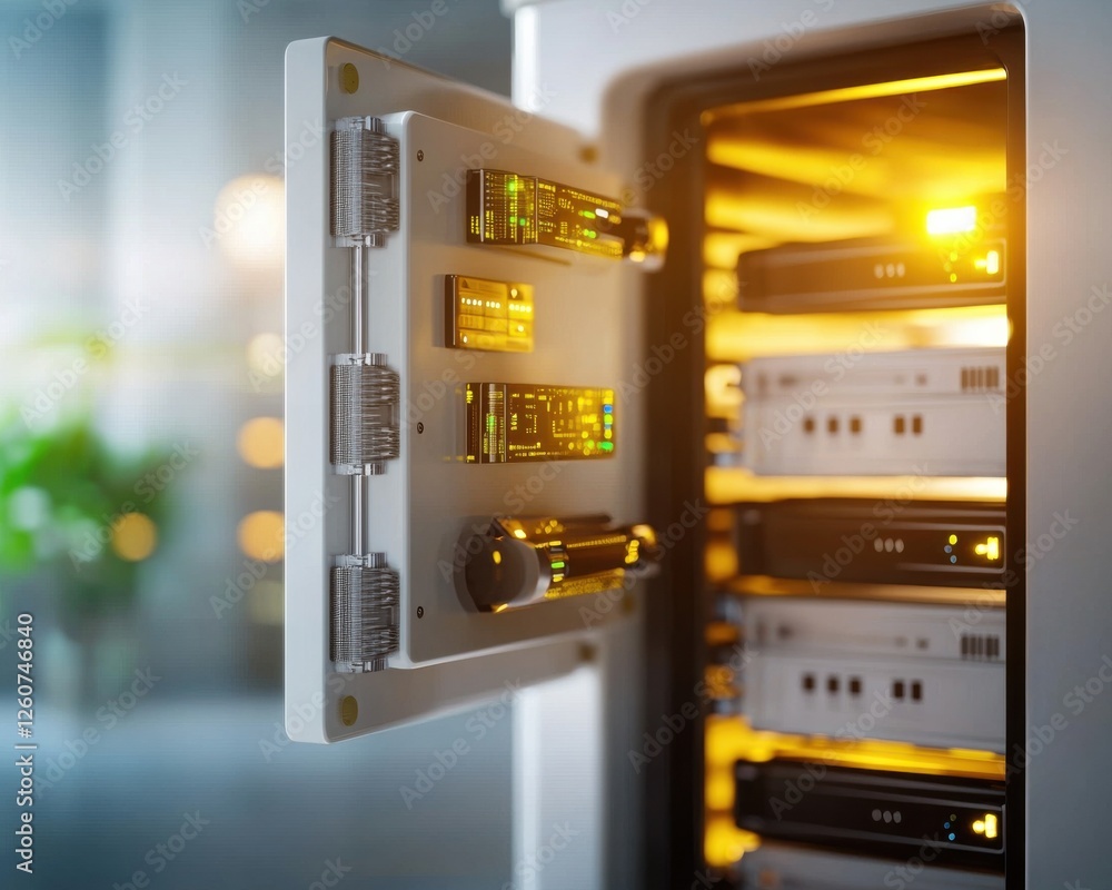 Poster modern data center server rack with glowing lights and technology