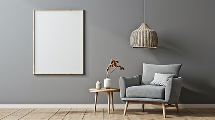 Modern gray living room with armchair, side table, hanging lamp, and blank wall for design mock-up.