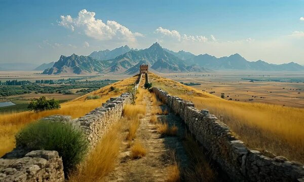 Hadrian's Wall, Remains of Adrian wall in UK, landscape with mountains at the background 
