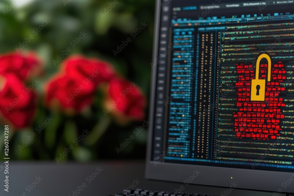 Poster cybersecurity concept with computer screen and lock symbol graphic