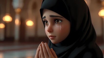 Close-Up of a Muslim Woman in Hijab Crying in Prayer at a Mosque