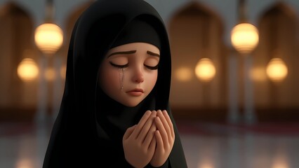Close-Up of a Muslim Woman in Hijab Crying in Prayer at a Mosque