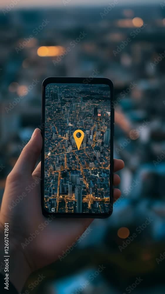 Poster Nighttime urban traveler navigating city streets using smartphone gps app, tracking location with digital map and geolocation technology in slow motion