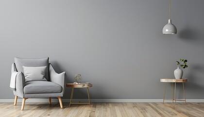 Modern gray living room with armchair, side table, hanging lamp, and empty wall background. Minimalist elegance.