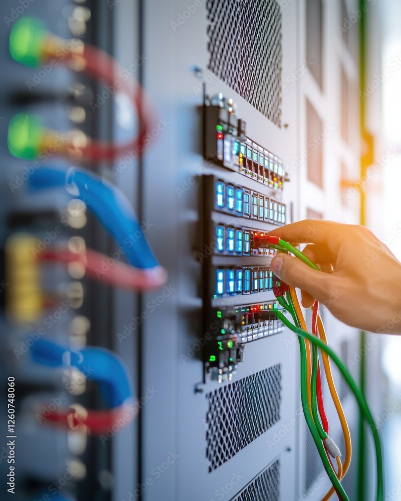 Poster hand connecting wires in network rack with led indicators