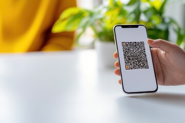 QR Code on Smartphone with Person and Green Plant Background