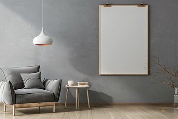 Modern gray living room with minimalist armchair, side table, hanging lamp, and blank wall background.