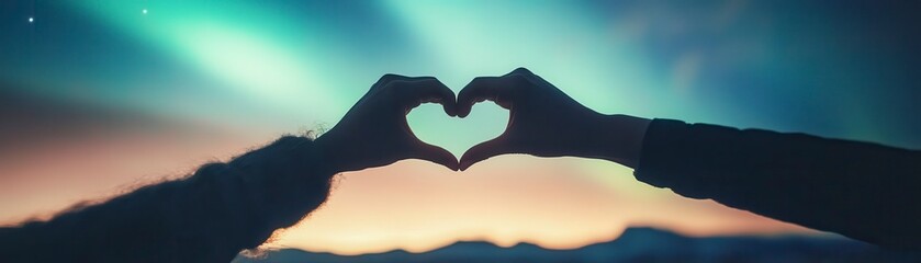 Two hands form a heart shape against a colorful aurora sky, symbolizing love, romance, and connection. A perfect image for Valentine's themes.