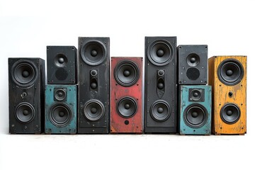 Fototapeta premium Dynamic Vintage Audio Speakers Pop Art Arrangement Colorful Background