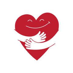 Vector logo design template and graphic element for advertising, branding, heart shape and love, funny cartoon illustrations with smiling character, valentine day mascot, self care concept