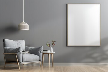 Modern gray living room with minimalist armchair, side table, hanging lamp, and blank wall background.