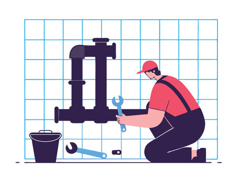 Happy Labor Day. Plumber Fixing Leaky Pipe, Tools, Vector Illustration work water