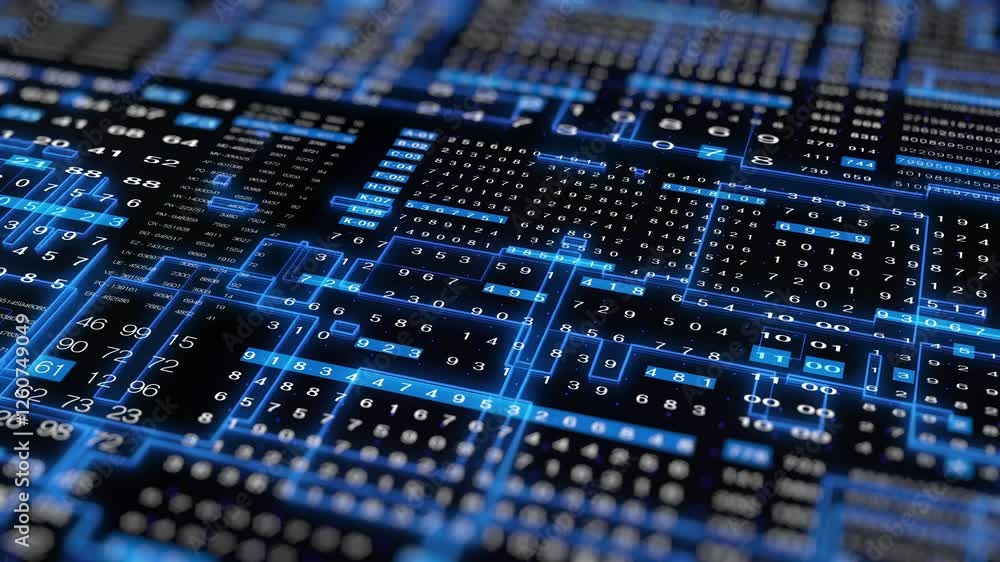 Fototapete HUD Technology Futuristic Digital Decimal Encoder Data Sampling Simulation Smart Concept. UI Statistic Stream Line Flowing Status 4K Motion Background.