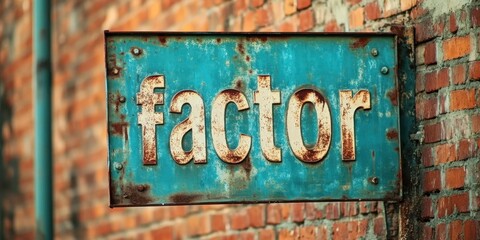 Weathered Blue Metal Sign with Rusty Lettering Reading 'Factor' in Urban Industrial Environment Against Brick Wall Backdrop