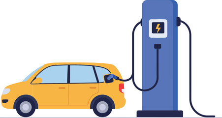 Yellow electric car charging at a blue charging station in a flat and minimal design style vector illustration
