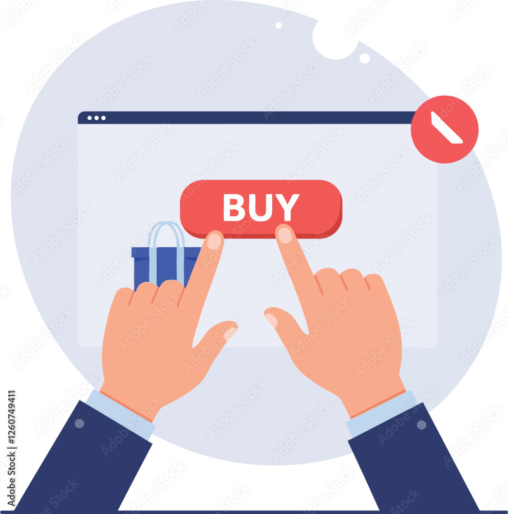 Poster hands pressing a red buy button on a computer screen in flat vector illustration style for online sh