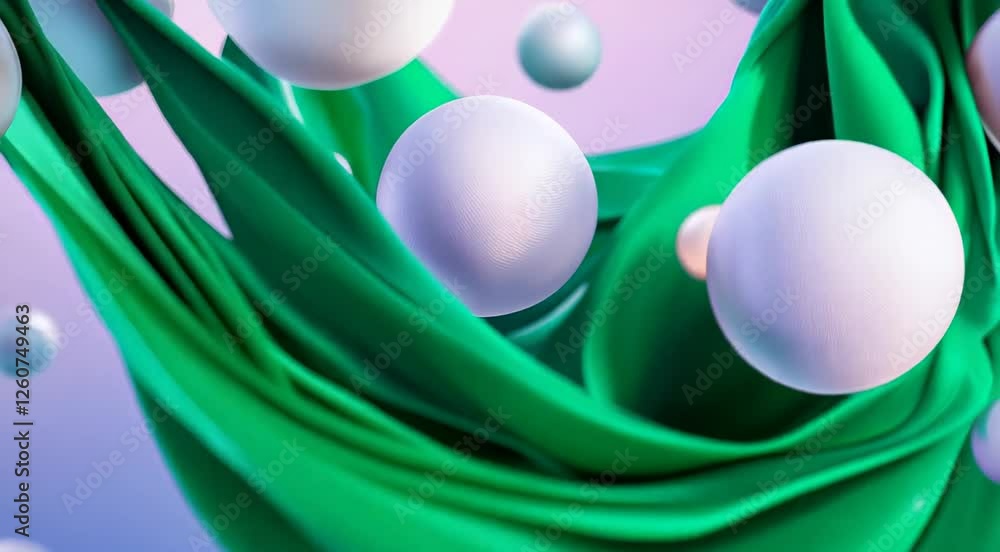 Poster a visually striking abstract scene featuring flowing green fabric intertwined with floating white sp