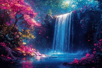 A hidden cave behind a waterfall, with glowing plants and a soft blue light illuminating the interior.