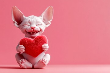 Cute sphynx kitty with fluffy red heart - sign of love, funny greeting card. Sphynx - my treasured cat. Marketing visual idea. Kitten with heart. Cute red kitten photo. Pet in love. Cute pe.