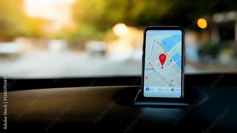 Aufkleber Smartphone navigation app displaying current location on digital map while mounted on car dashboard, tracking route during urban driving journey with blurred background