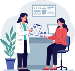 Detailed vector illustration of a doctor consulting with a patient in a modern clinic setting with vibrant colors and flat design vector art