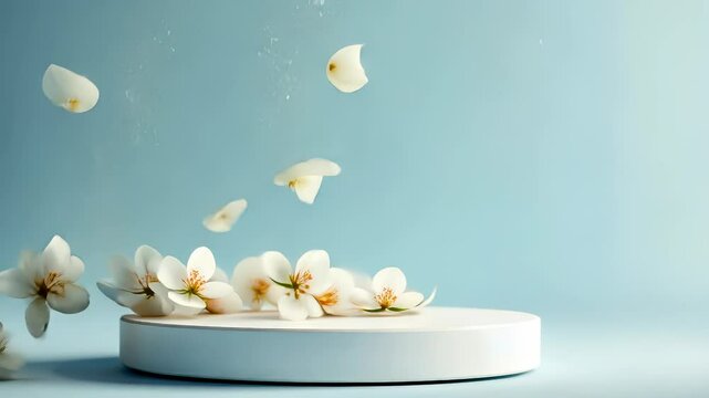 Minimalist pastel blue background spring with white podium and falling cherry flowers blossoms mockup, ideal for showcasing beauty products video 4k