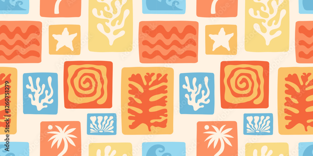 Poster vector seamless pattern in simple floral wavy and groovy naive style, ocean and vacation theme, flow