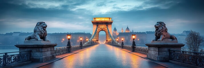 Majestic Chain Bridge View at Dawn in Budapest Hungary