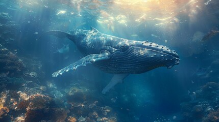 Obraz premium A humpback whale gliding through the deep blue ocean. The color palette is dark silver and light navy.