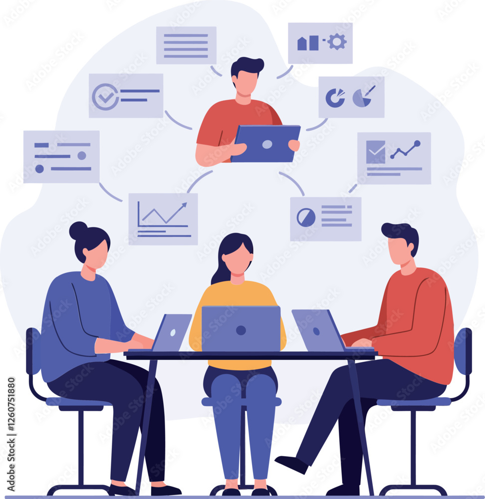Poster team collaboration in a modern office setting with flat design elements and digital analytics - vect