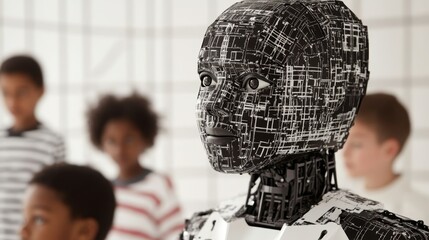 Futuristic Robot and Diverse Children Exploring AI in a Modern Classroom Setting