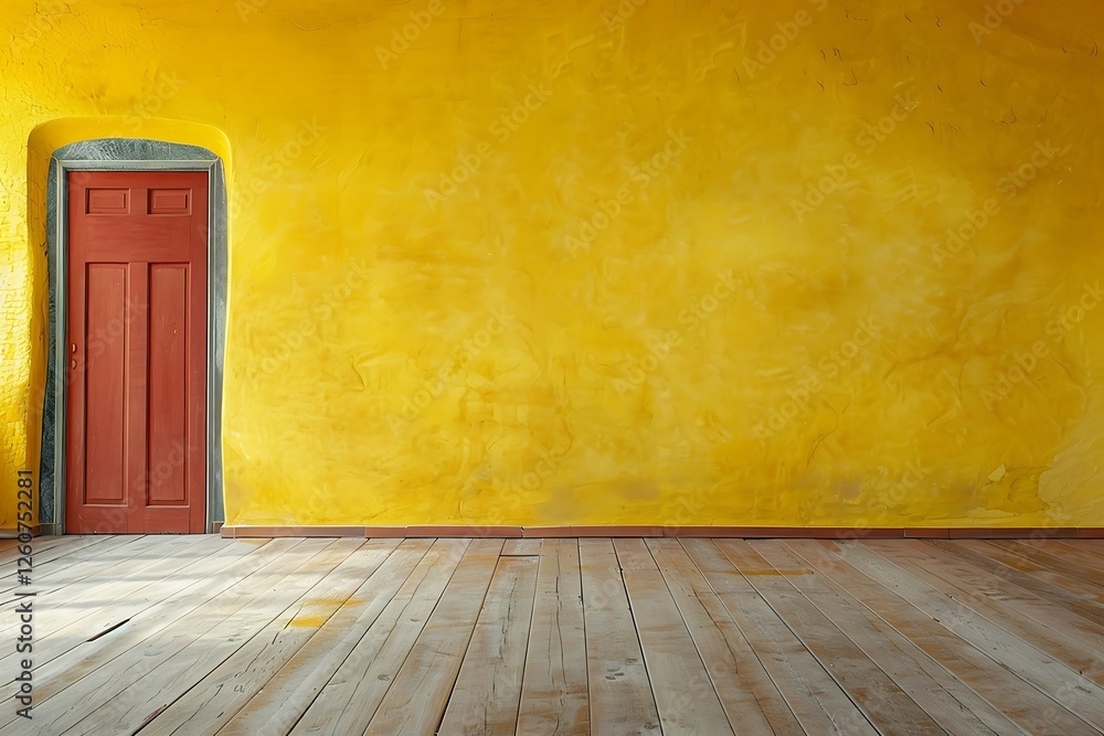 Poster empty room with yellow walls and floor and window with sunlight. 3d rendering