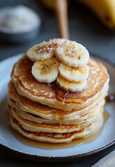 Fluffy Pancakes with Banana and Honey Drizzle for Breakfast