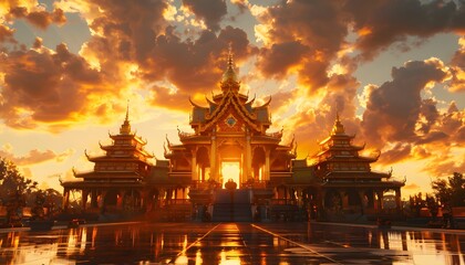 Fototapeta premium Low-angle shot of a traditional temple glowing in sunset light, cinematic cultural depth