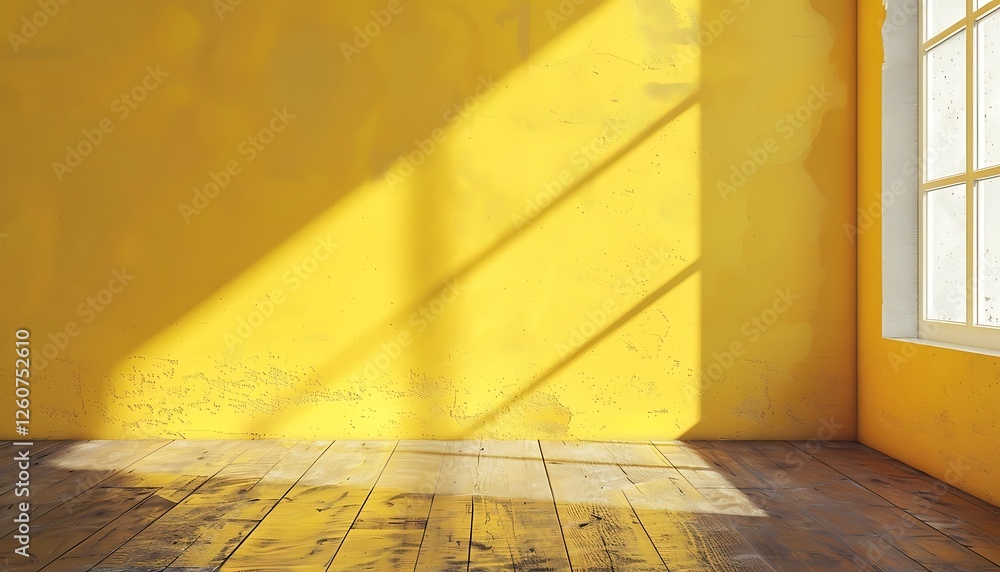 Poster empty room with yellow walls and floor and window with sunlight. 3d rendering