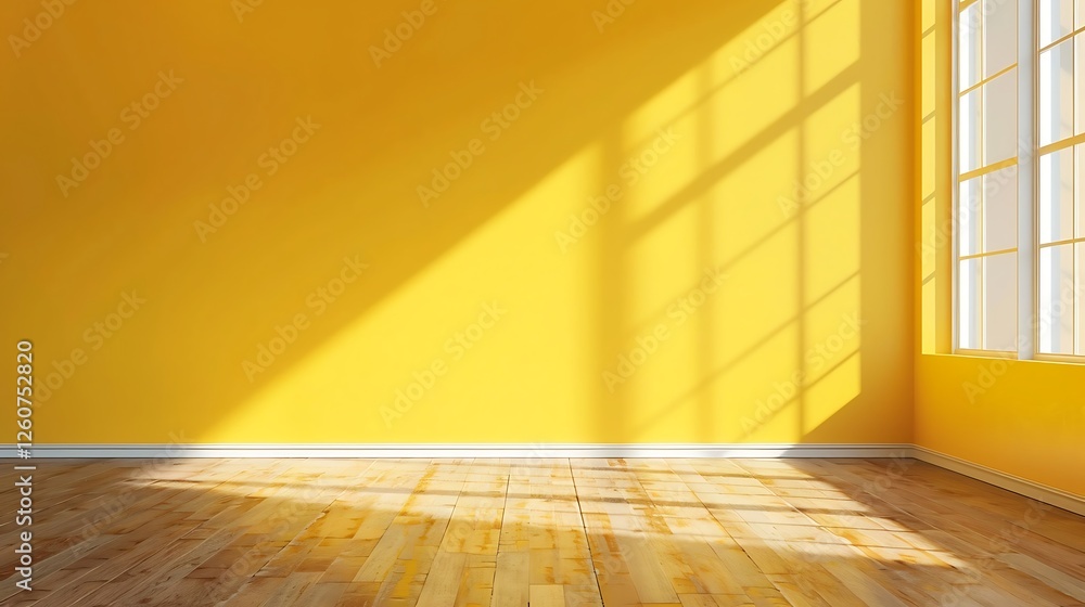 Poster empty room with yellow walls and floor and window with sunlight. 3d rendering