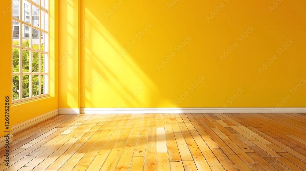 Poster empty room with yellow walls and floor and window with sunlight. 3d rendering