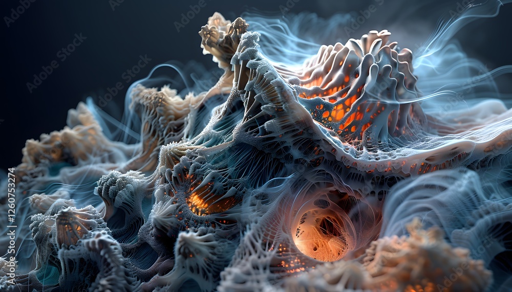 Poster hyper-realistic underwater scene, glowing bioluminescent textures illuminating intricate coral forma