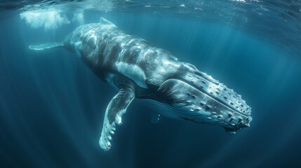 A humpback whale gliding through the deep blue ocean. The color palette is dark silver and light navy.