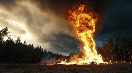 Large fire burning in the middle of a dense forest with smoke rising into the sky