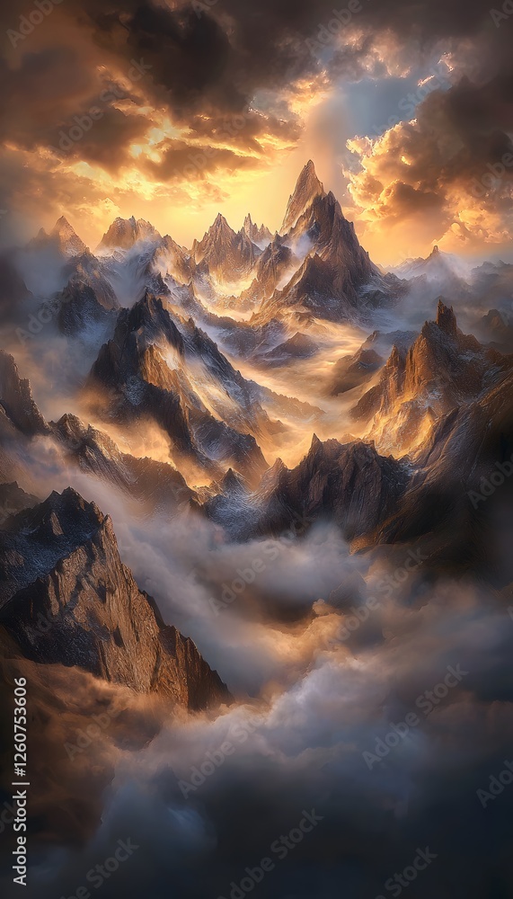Aufkleber expansive mountain range illuminated by golden hour light, dynamic mist rolling through valleys, cin
