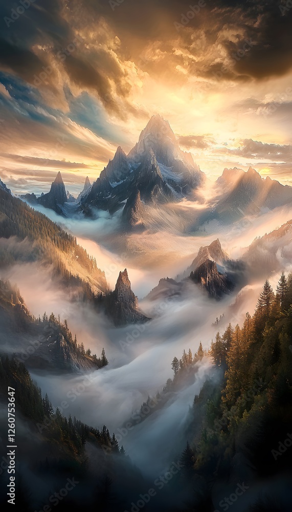 Aufkleber expansive mountain range illuminated by golden hour light, dynamic mist rolling through valleys, cin