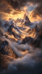 Obraz premium Expansive mountain range illuminated by golden hour light, dynamic mist rolling through valleys, cinematic surrealism capturing scale and serenity