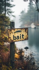 Rustic Wooden Sign with the Word "Bait" by a Misty Lakeside Surrounded by Trees, Symbolizing Fishing Activities in a Tranquil Natural Environment
