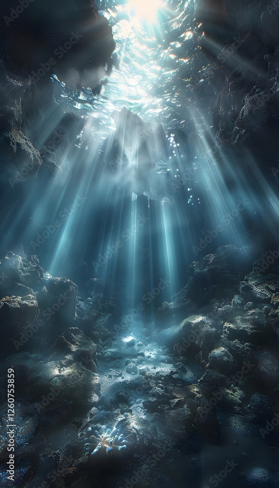 Poster hyper-realistic underwater cave glowing with bioluminescent coral, dynamic textures illuminated by c