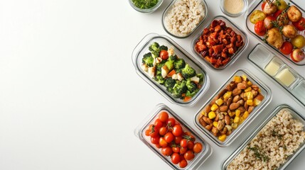 Diverse and vibrant meals are neatly arranged in glass containers, showcasing fresh ingredients like vegetables, grains, and proteins prepared for a week's worth of healthy eating
