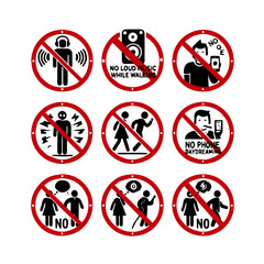 Hand drawn illustration. The illustration shows a set of prohibitory signs in red circles with a diagonal line. "No loud music in headphones", "using a phone while walking", "daydreaming with a phone"